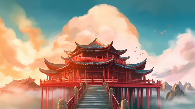 蓝色国潮风中式建筑空中楼阁背景,插画/手绘图,插画/手绘图库,插画/手绘图下载,插画/手绘